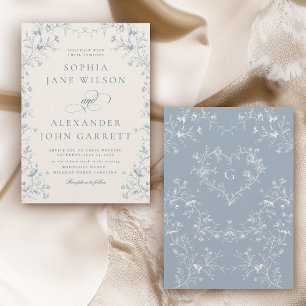 Romantic Blue Floral Monogram Wedding Invitation