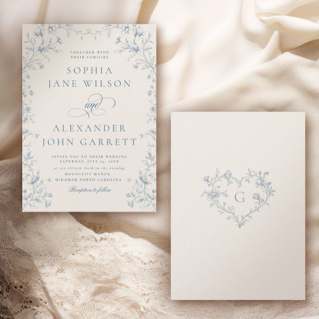 Romantic Blue Floral Monogram Wedding Invitation (Creator Uploaded)
