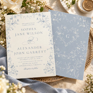 Romantic Blue Floral Monogram Wedding Invitation