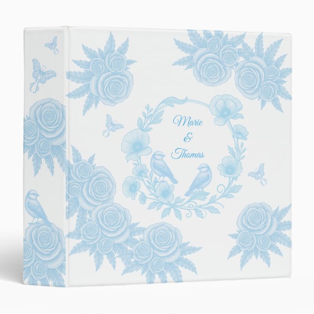 Romantic Blue Floral – Personalized Marie & Thomas 3 Ring Binder (Front/Spine)