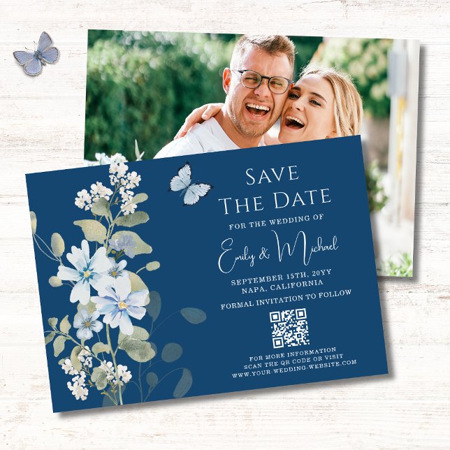 Romantic Blue Floral Photo QR Code Wedding Save The Date (Creator Uploaded)
