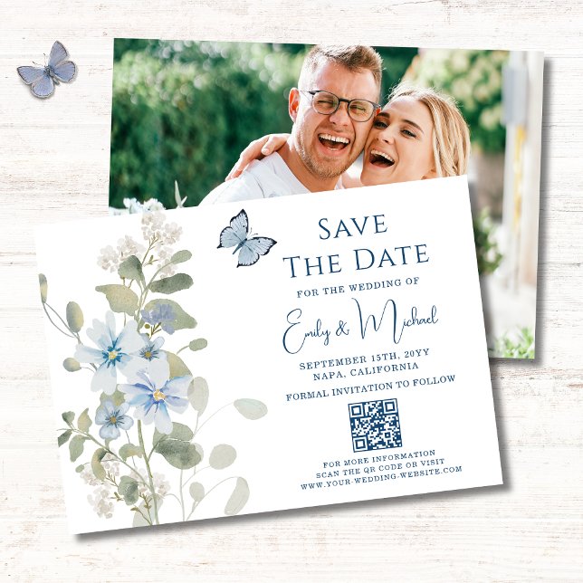 Romantic Blue Floral Photo QR Code Wedding Save The Date (Creator Uploaded)