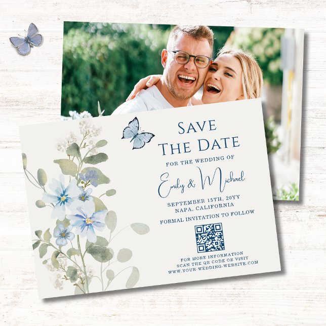 Romantic Blue Floral Photo QR Code Wedding Save The Date (Creator Uploaded)