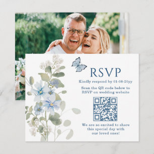 Romantic Blue Floral QR Code Wedding RSVP Card