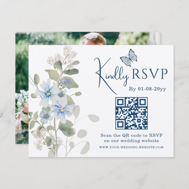Romantic Blue Floral RSVP QR Code Photo Wedding (Front/Back)