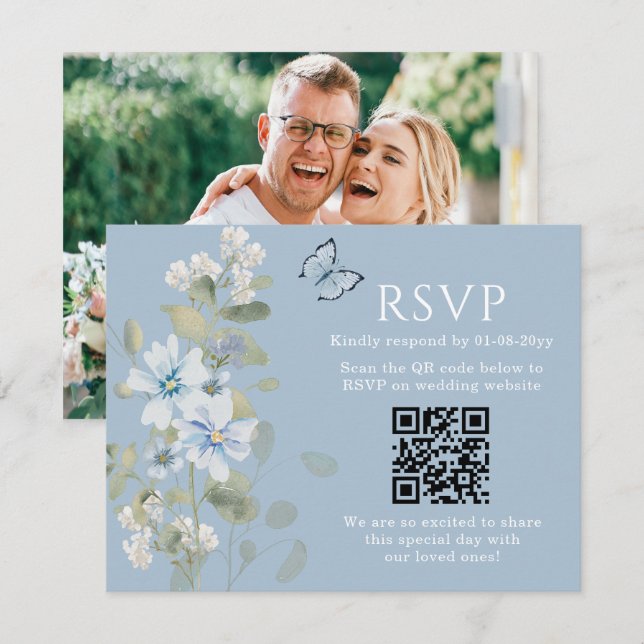 Romantic Blue Floral RSVP QR Code Photo Wedding (Front/Back)