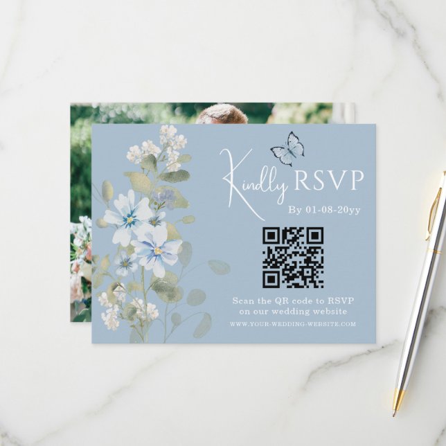 Romantic Blue Floral RSVP QR Code Photo Wedding (Front/Back In Situ)