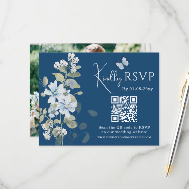 Romantic Blue Floral RSVP QR Code Photo Wedding Card (Front/Back In Situ)