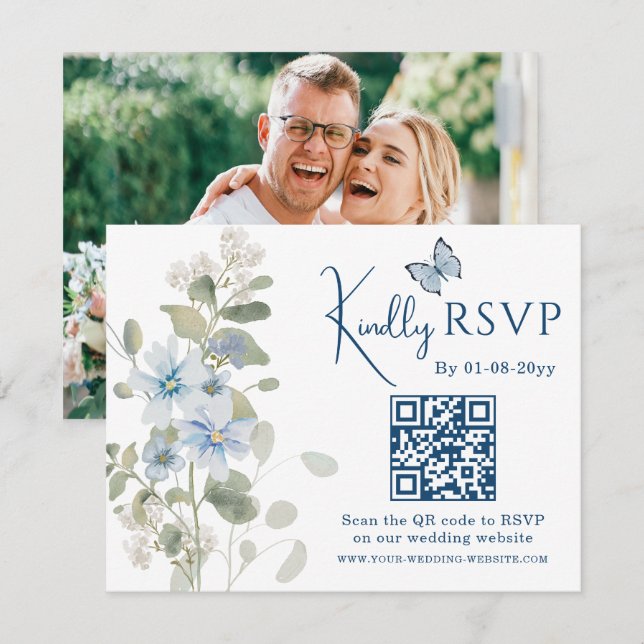 Romantic Blue Floral RSVP QR Code Photo Wedding Card (Front/Back)