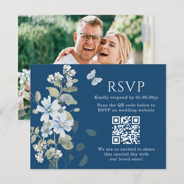 Romantic Blue Floral RSVP QR Code Photo Wedding Card (Front/Back)