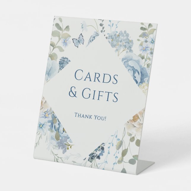Romantic Blue Floral Wedding Cards and Gifts Pedestal Sign (Front)