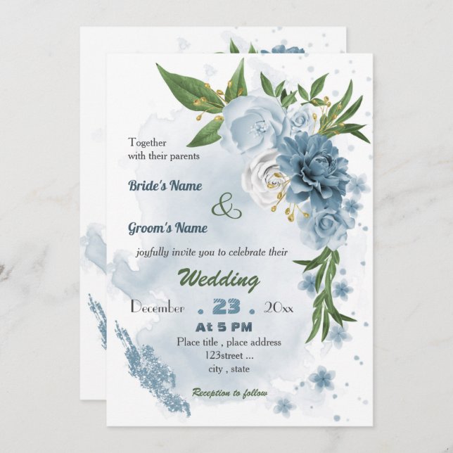 romantic blue floral wedding invitation (Front/Back)
