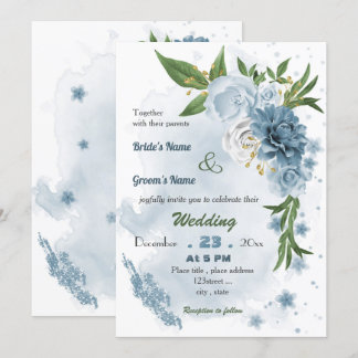 romantic blue floral wedding invitation