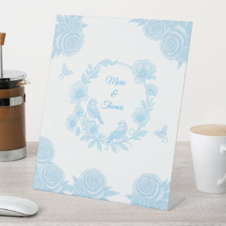 Romantic Blue Floral Wedding Pedestal Sign