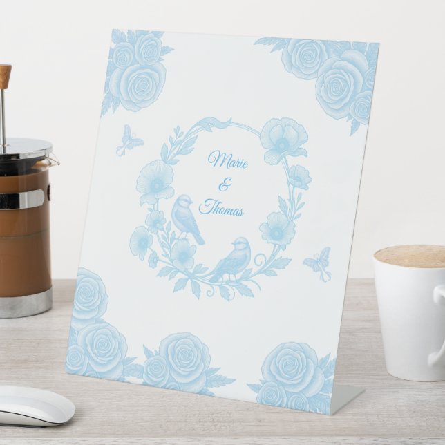 Romantic Blue Floral Wedding  Pedestal Sign (In SItu)