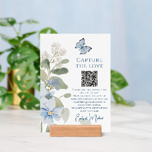 Romantic Blue Floral Wedding Photo Sharing QR Code Holder