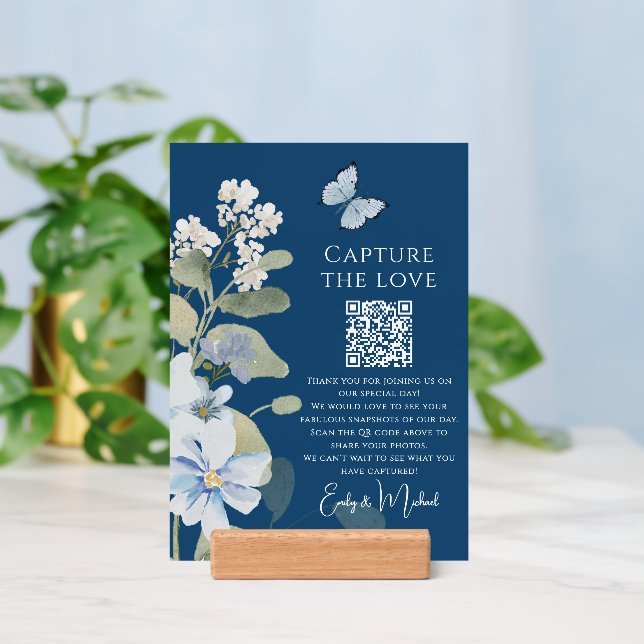 Romantic Blue Floral Wedding Photo Sharing QR Code Holder (Insitu 3)