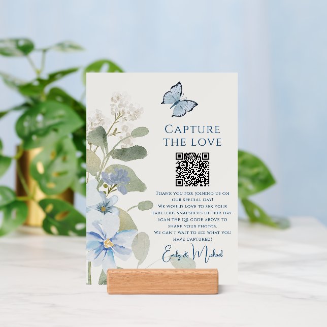 Romantic Blue Floral Wedding Photo Sharing QR Code Holder (Insitu 3)