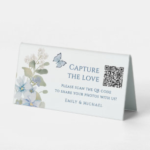 Romantic Blue Floral Wedding Photo Sharing QR Code Table Tent