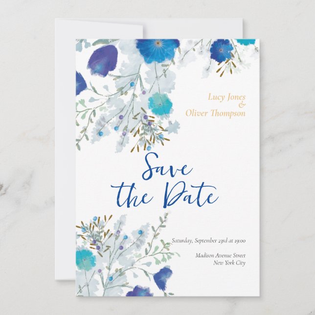 Romantic, Blue Floral Wedding Save The Date (Front)