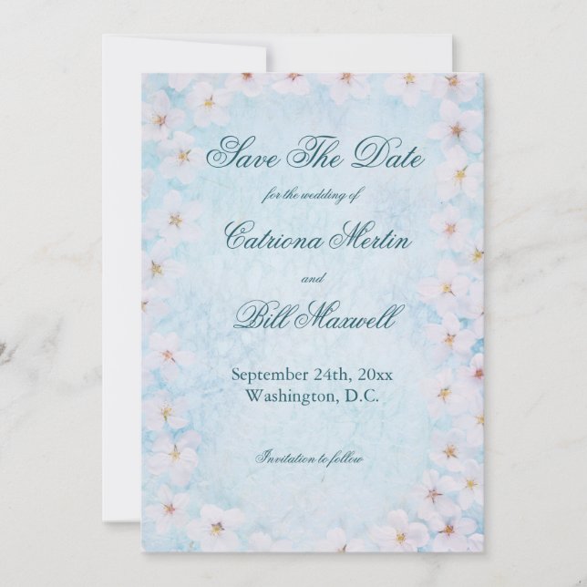 Romantic Blue Floral Wedding Save The Date Card (Front)