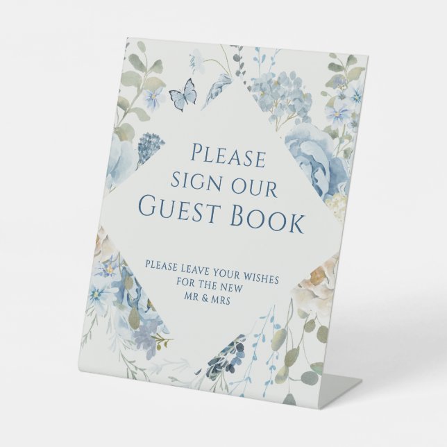Romantic Blue Floral Wedding Sign Our Guest Book (Front)