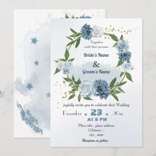 romantic blue floral wreath wedding invitation (Front/Back)