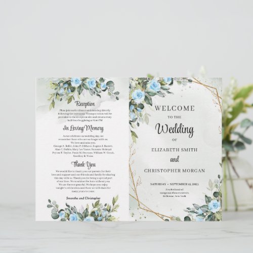 Romantic Blue flowers and eucalyptus and gold 