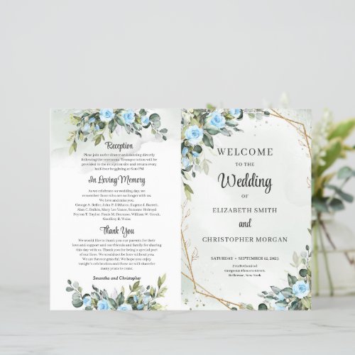 Romantic Blue flowers and eucalyptus and gold 