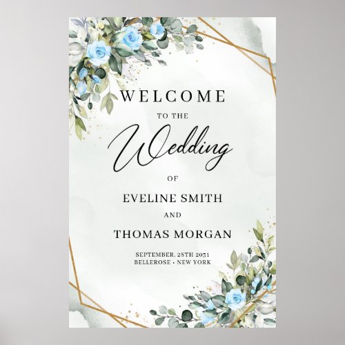 Romantic Blue flowers and eucalyptus gold wedding Poster