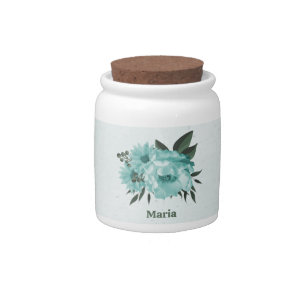 romantic blue flowers and green leaves candy jar