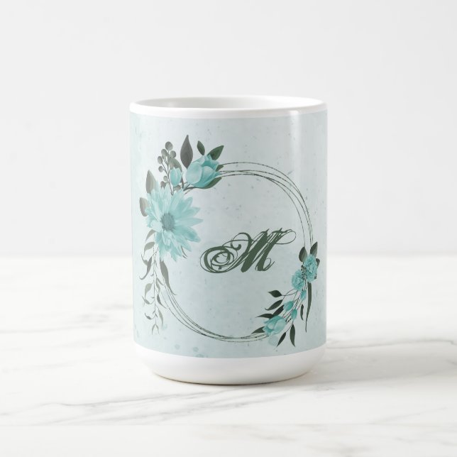 romantic blue flowers and green leaves coffee mug (Center)