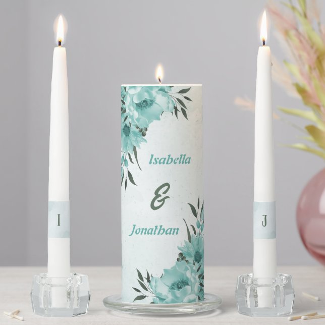 romantic blue flowers and green leaves wedding unity candle set (In Situ)