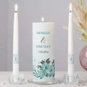 romantic blue flowers and green leaves wedding unity candle set