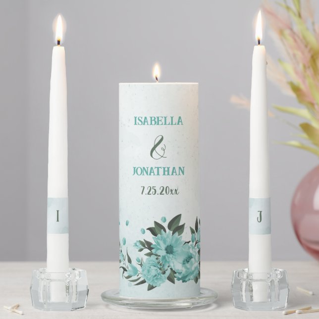 romantic blue flowers and green leaves wedding unity candle set (In Situ)