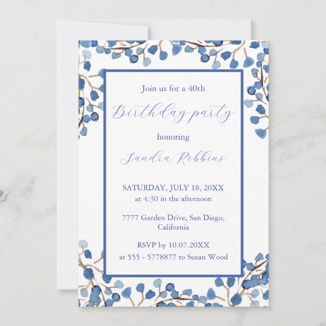 Romantic blue flowers  birthday invitation (Front)