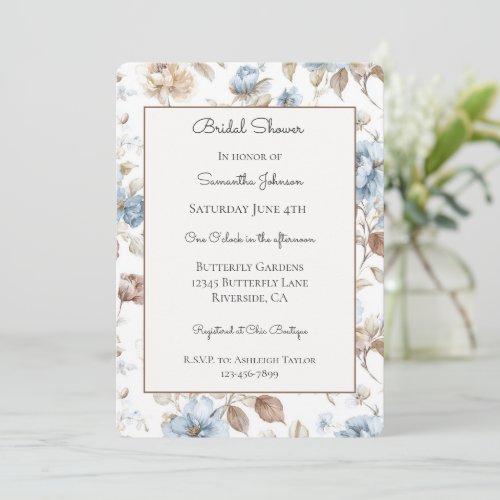 Romantic Blue Flowers Brown Leaves Bridal Shower   Invitation