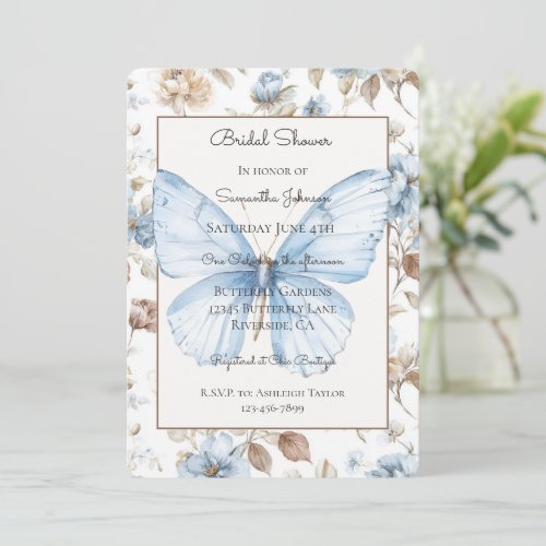 Romantic Blue Flowers Brown Leaves Bridal Shower   Invitation