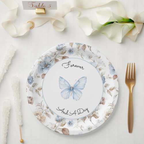 Romantic Blue Flowers Brown Leaves Wedding Paper Plates