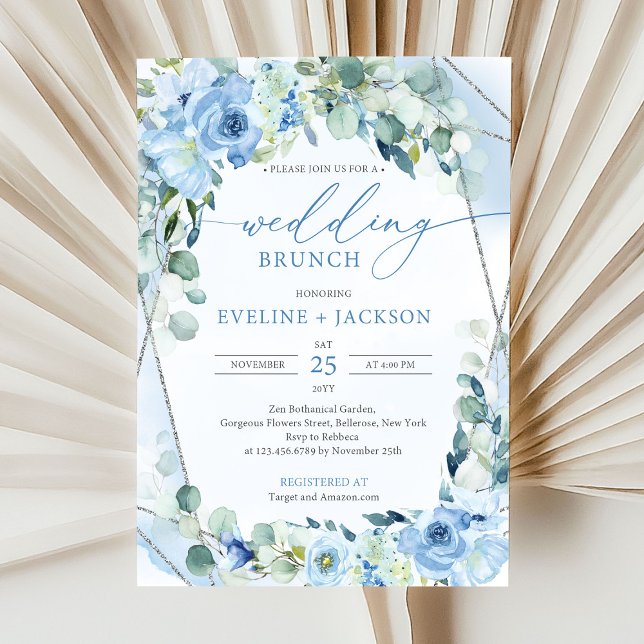 Romantic blue flowers & eucalyptus wedding brunch invitation (modern watercolor blue flowers mixed eucalyptus greenery and siver frame wedding brunch invitation )