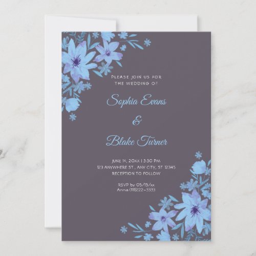 Romantic Blue Flowers Floral Smoke Gray Wedding Invitation