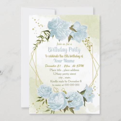romantic blue flowers geometric birthday party invitation
