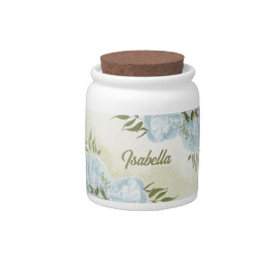 romantic blue flowers  & green leaves botanical candy jar