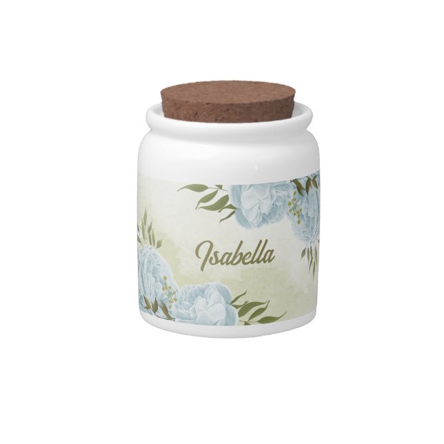 romantic blue flowers  & green leaves botanical candy jar (Front)
