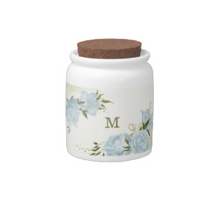 romantic blue flowers & green leaves botanical candy jar