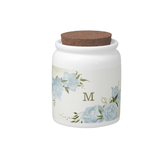 romantic blue flowers  & green leaves botanical candy jar (Front)