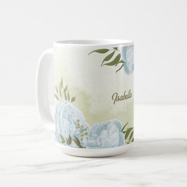 romantic blue flowers  & green leaves botanical coffee mug (Front Left)