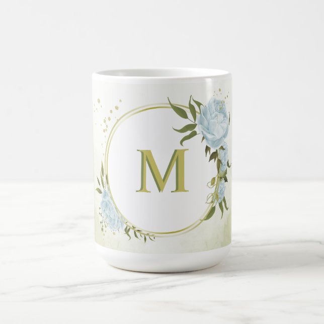 romantic blue flowers  & green leaves botanical coffee mug (Center)
