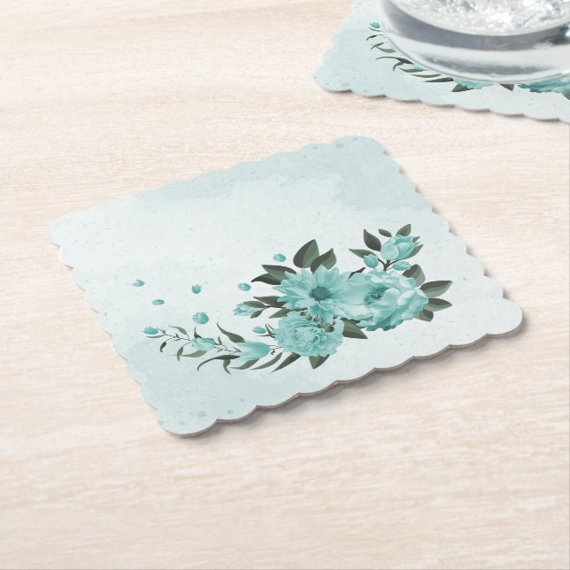 romantic  blue flowers & green leaves paper coaster (Angled)