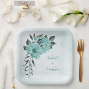 romantic  blue flowers & green leaves  paper plates